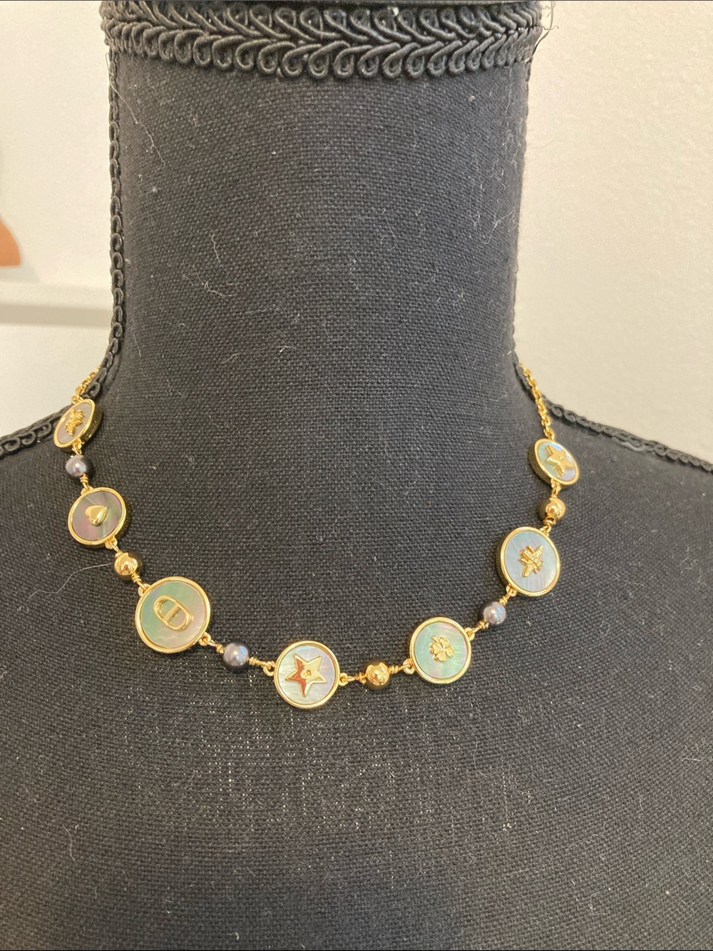 Dior Gold-Tone Necklace with Light Blue Enamel Medallions